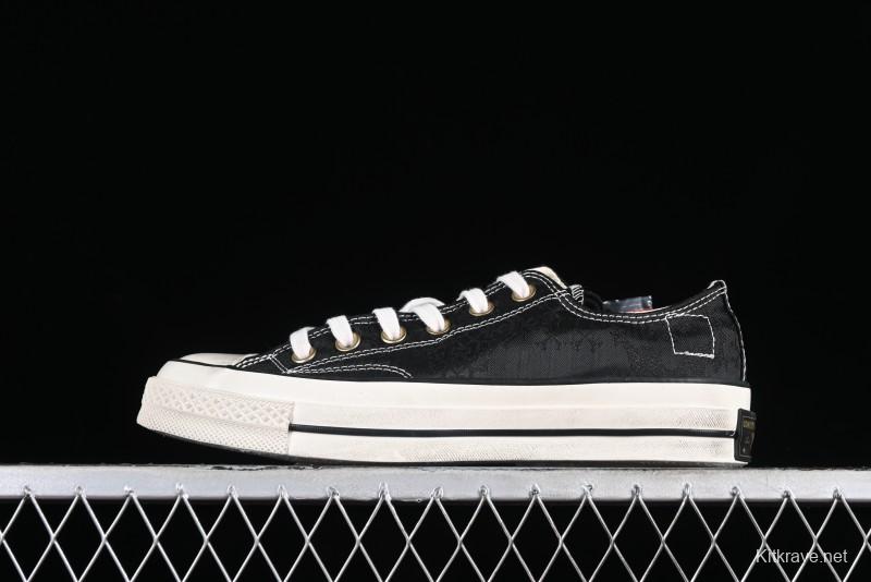 Clot x Fragment Design x Converse Custom Triple Collaboration Low-Top Sneakers with Distressed Black Silk and Brier Pattern - A10925C