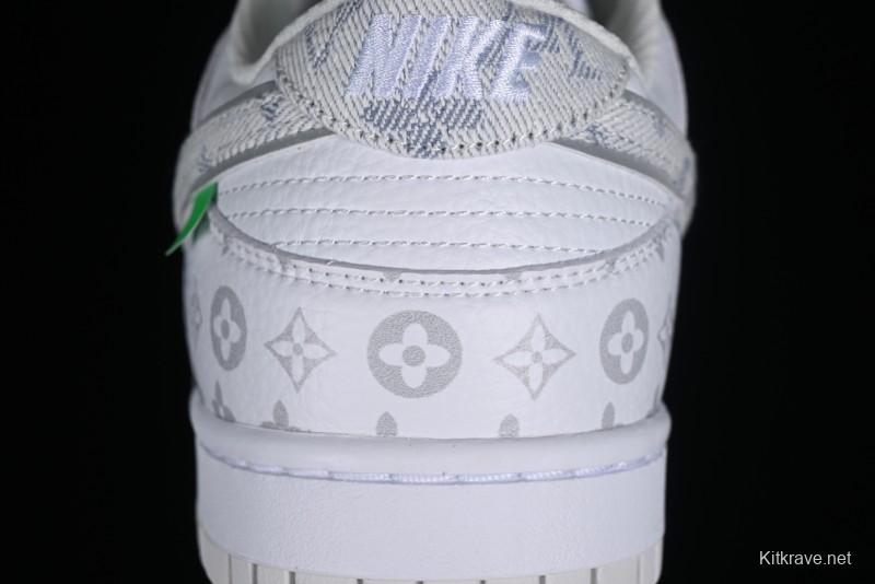 Nike SB Dunk Low Louis Vuitton Collaboration - White Grey Print High-End Custom Low-Top Casual Skate Shoes - LV0526-592