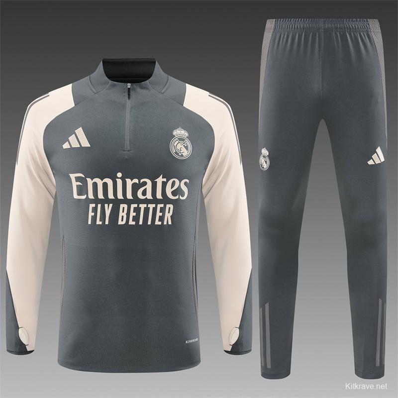 24/25 Real Madrid Grey/Khaki Half Zipper Jacket+Long Pants