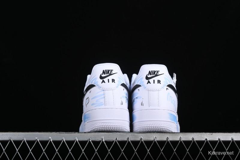 Nike Air Force 1 '07 Low Casual Sneakers with Anime-inspired Blue Spray Paint Design - CW2288-111