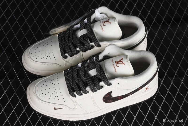 Nike Air Jordan 1 Low LV Collaboration Sneakers - Classic Monogram Swoosh in Off-White - WG8850-004