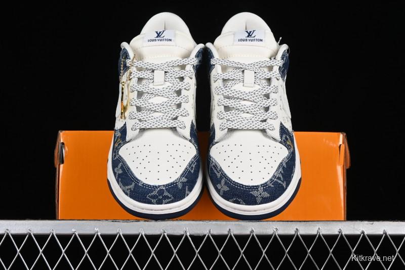 Nike SB Dunk Low LV Collaboration - Blue Denim Print Anniversary High-End Custom Low-Top Casual Sneakers - FC1688-162