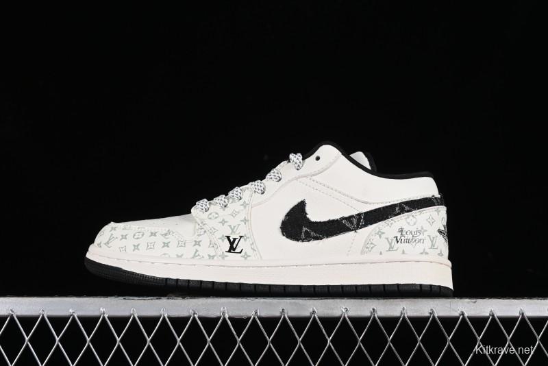Nike Air Jordan 1 Low LV Collaboration - Black Denim Print Custom High-End Basketball Shoes - SJ9950-006