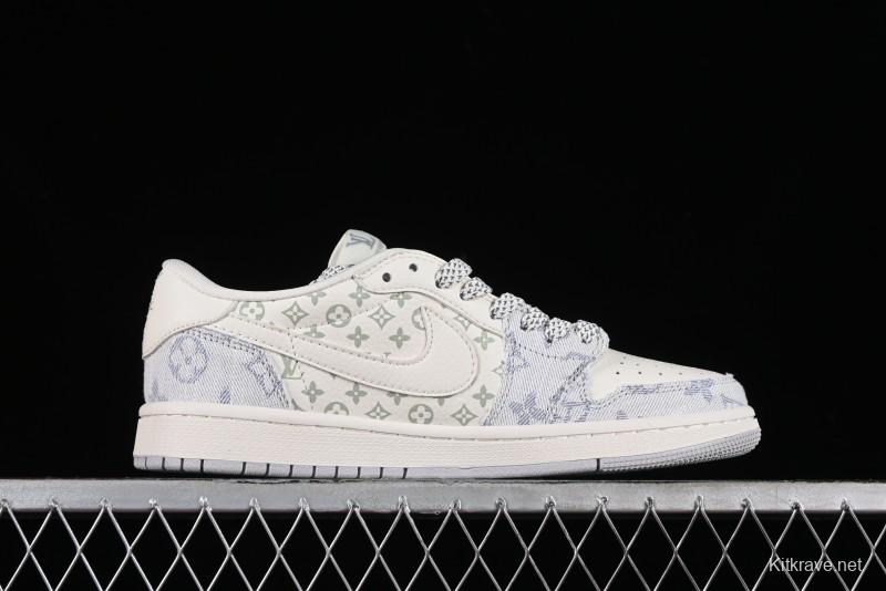 Nike Air Jordan 1 Low OG SP Travis Scott x Fragment Design LV Washed Blue Denim Casual Sneakers - SJ2068-007
