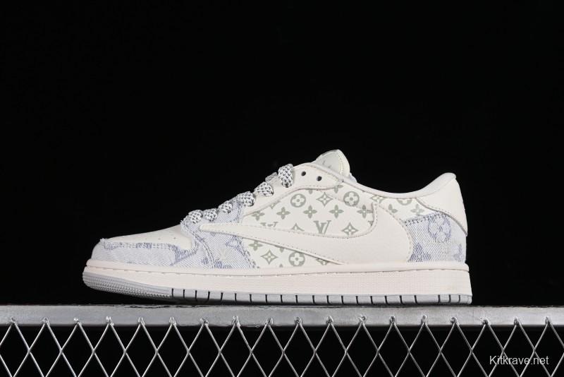 Nike Air Jordan 1 Low OG SP Travis Scott x Fragment Design LV Washed Blue Denim Casual Sneakers - SJ2068-007