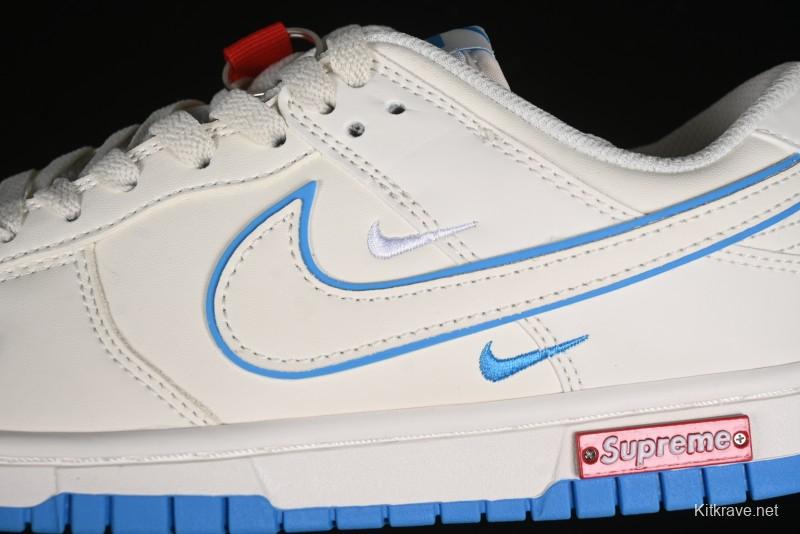 Nike SB Dunk Low Supreme Collaboration - Cream White with Sky Blue Swoosh Anniversary Customized Low-Top Casual Skate Shoes - DJ2024-012
