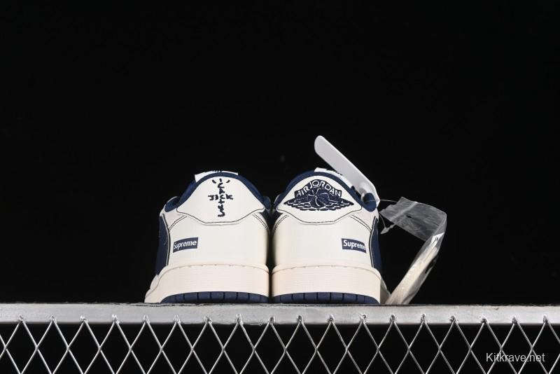 Nike Travis Scott x Fragment Design x Air Jordan 1 Low OG SP AJ1 Supreme Collaboration - Dark Blue Swoosh Low-Top Casual Sneakers - XZ2268-001