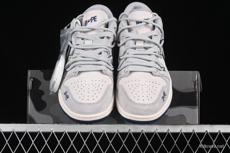 Nike Air Jordan 1 Low AJ1 Bape Collaboration - Grey Blue Retro Basketball Shoes with Custom Laces - SJ9950-019