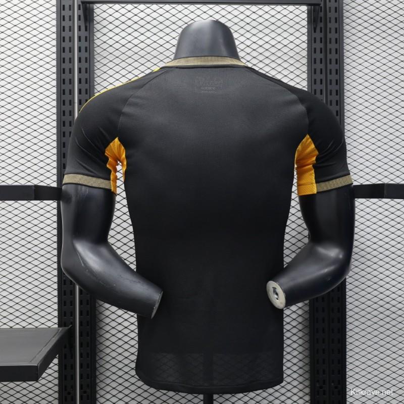 Player Version 25/26 Real Madrid Black with Gold Accents and Emirates Sponsor Jersey