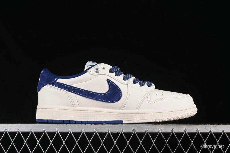 Nike Travis Scott x Fragment Design x Air Jordan 1 Low OG SP AJ1 Supreme Stussy Collaboration - Suede Blue Swoosh Low-Top Casual Sneakers - SJ2068-127