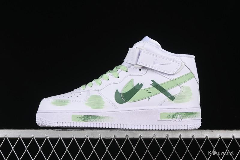 Nike Air Force 1 '07 Mid Hand-Painted White Green with Swoosh Shadow and Strap - CW2289-111