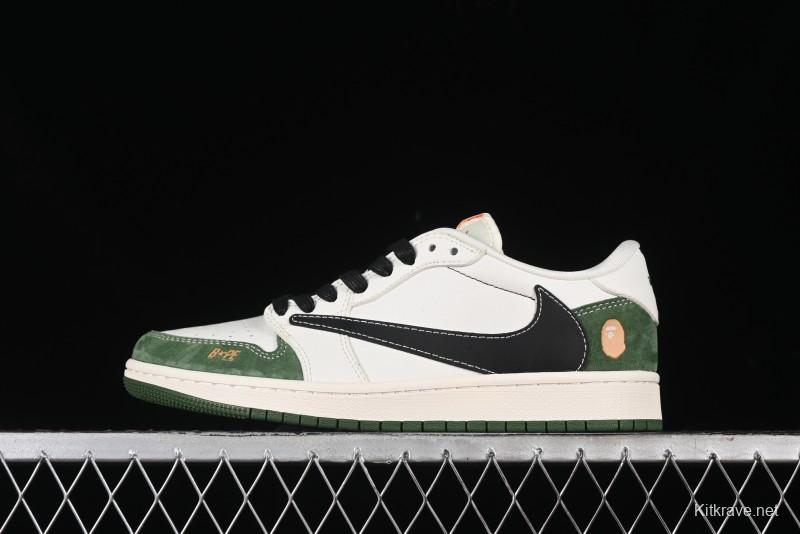 Nike Travis Scott x Fragment Design x Air Jordan 1 Low OG SP AJ1 Bape Collaboration - Jungle Green Low Top Casual Sneakers - XY2688-107