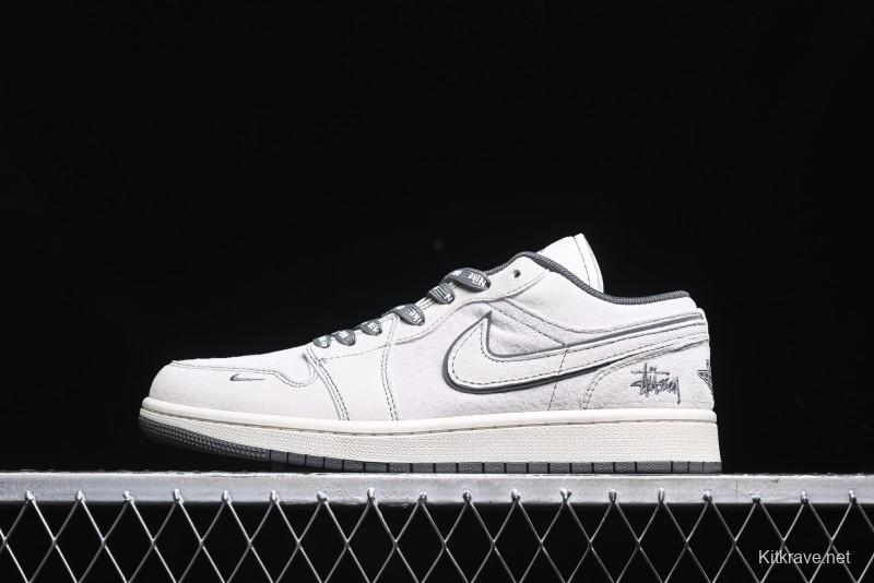 Nike Air Jordan 1 Low AJ1 Stussy Collaboration - Premium Customized Pigskin Grey Line Retro Basketball Shoes - DM9188-005