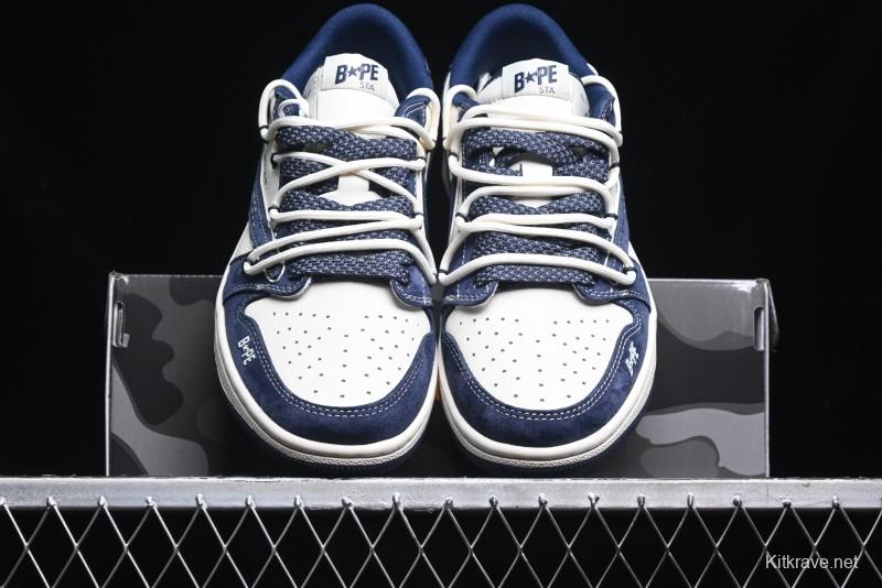 Nike Travis Scott x Fragment Design x Air Jordan 1 Low OG SP AJ1 Bape Collaboration - Klein Blue Lace-Up Low-Top Casual Sneakers - XS3186-201