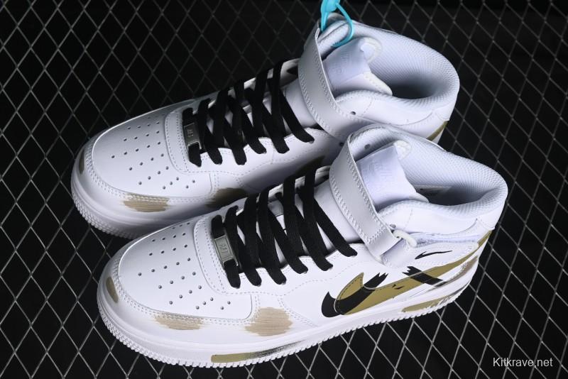 Nike Air Force 1 '07 Mid Hand-Painted Olive Green with Swoosh Shadow Strap Mid-Top Casual Sneakers - CW2289-111