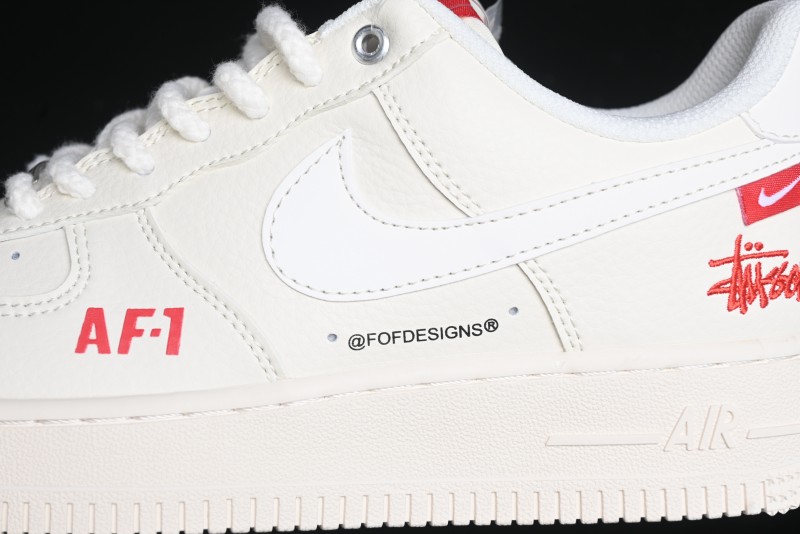 Nike Air Force 1 '07 Low Stussy Collaboration - AF1 White Red Label Low-Top Casual Sneakers - SJ6698-016