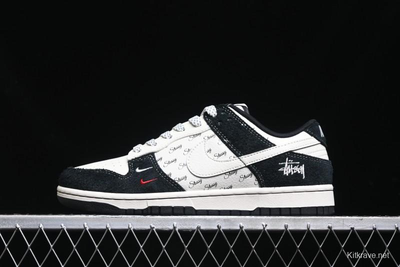 Nike SB Dunk Low Stussy Collaboration - Black White Mini Swoosh Anniversary Custom Low-Top Casual Skate Shoes - XY1688-017