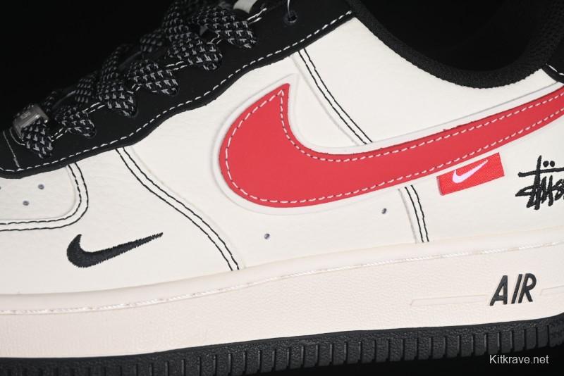 Nike Air Force 1 '07 Low Stussy Collaboration Black Stitch Red Swoosh Casual Sneakers - XS1958-518