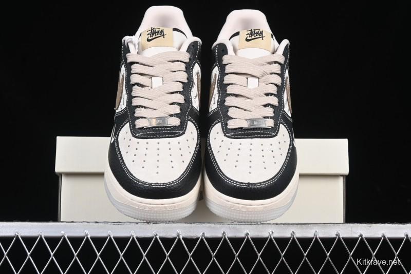 Nike Air Force 1 '07 Low Stussy Collaboration Black Leather & Gum Sole Low-Top Casual Sneakers - CH6336-519