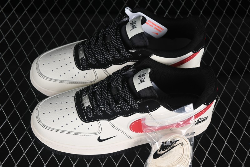 Nike Air Force 1 '07 Low Stussy Collaboration Black Stitch Red Swoosh Casual Sneakers - XS1958-518