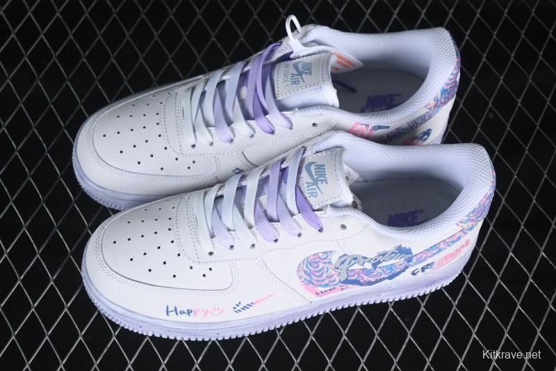 Nike Air Force 1 '07 Low Double Hearts Casual Sneakers with Hand-Drawn Anime Doodle and Pink Blue Hearts - CZ0377-002