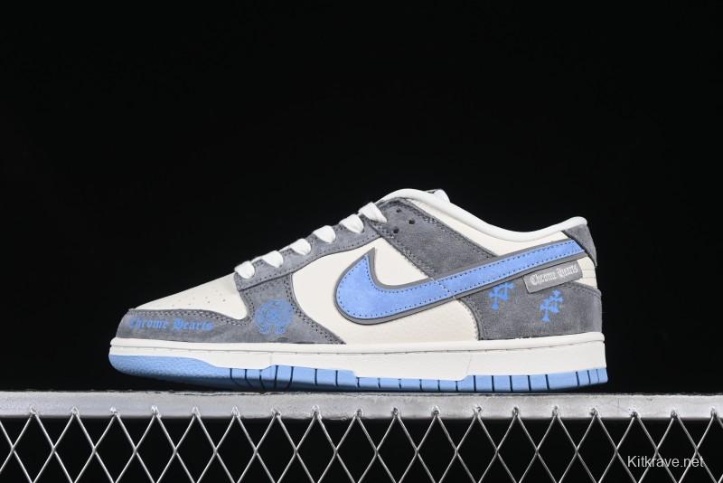 Nike SB Dunk Low Chrome Hearts Collaboration Grey White Blue Hook Anniversary High-End Custom Low-Top Casual Skate Shoes - KK1333-027