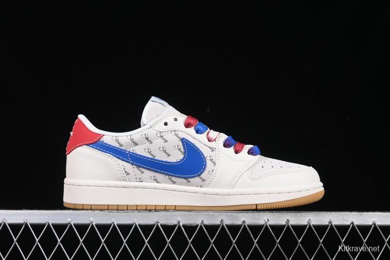 Nike Travis Scott x Fragment Design x Air Jordan 1 Low OG SP AJ1 Snake Year Limited Blue Swoosh Gum Sole Low-top Casual Sneakers - XS3086-011