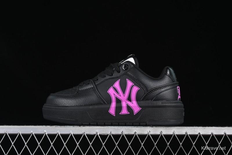 NY Yankees Black Leather Sneakers with Bold Pink Logo