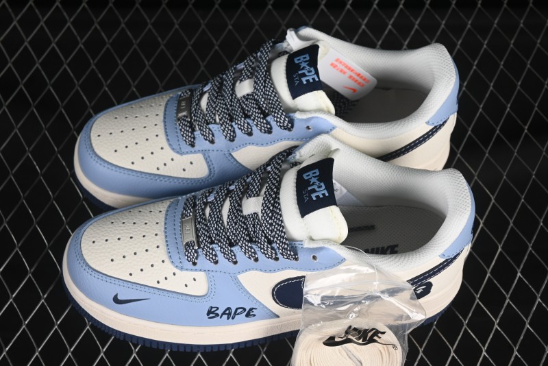 Nike Air Force 1 '07 Low Bape Collaboration Light Blue Swoosh Casual Sneakers - XS1958-554
