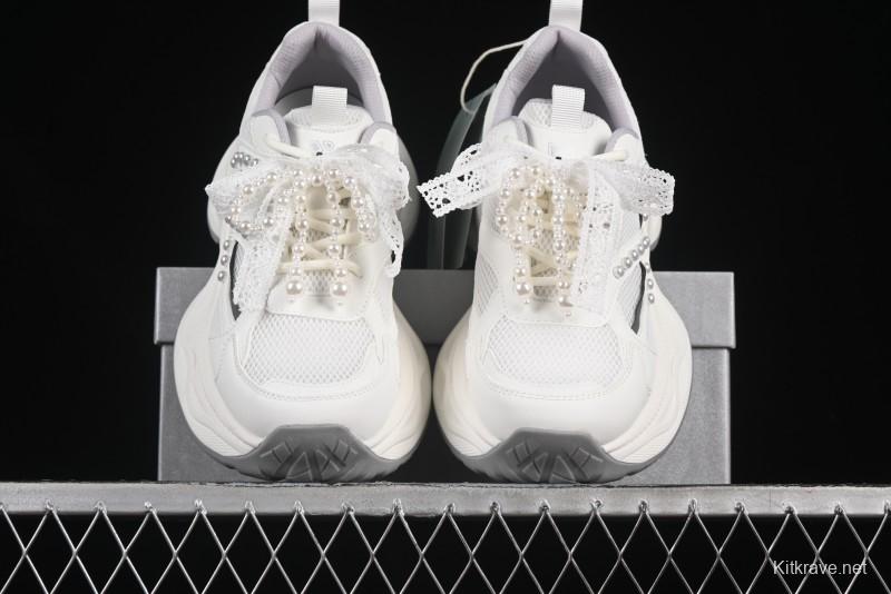 GG-CC Lace Pearl Chain Casual Platform Dad Shoes - 250310 White