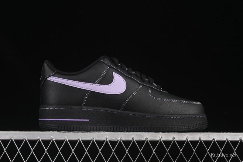Nike Air Force 1'07 Low Casual Sneakers in Black with Purple Swoosh - HQ2037-001