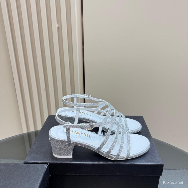 2025 Women Chanel Silver Leather Sandals