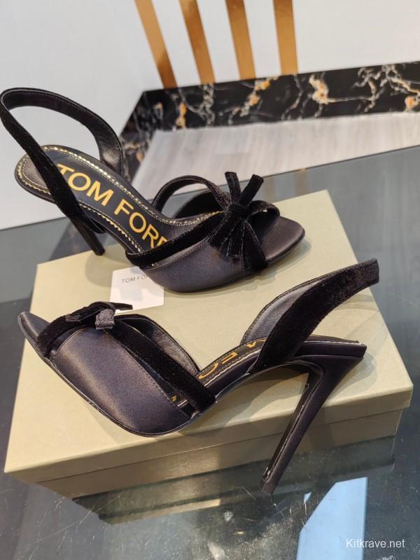 2025 Women TOM FORD Black Velvet High Heel Slingback Bow KFY00300