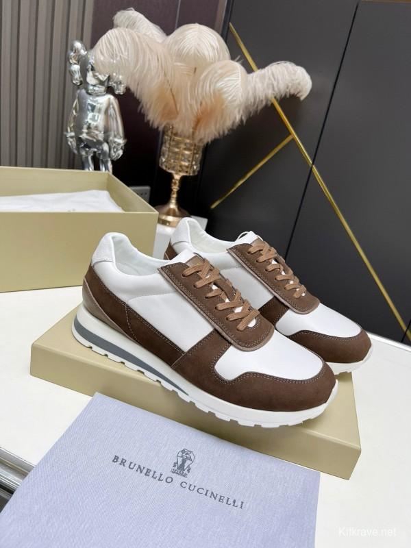 2024 Men Brunello Cucinelli White Brown Leather Suede Sneakers MJ00360