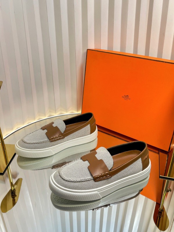 2025 Unisex Hermès White Brown Leather Fabric Loafers