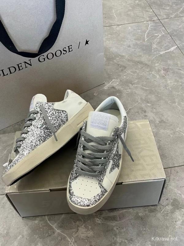 2024 Unisex GGDB White Silver Leather Glitter Low-Top Sneakers MJ00260