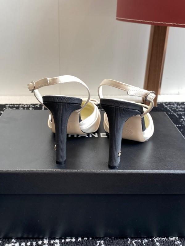 2025 Women Chanel Black White Satin Leather Slingback Heels