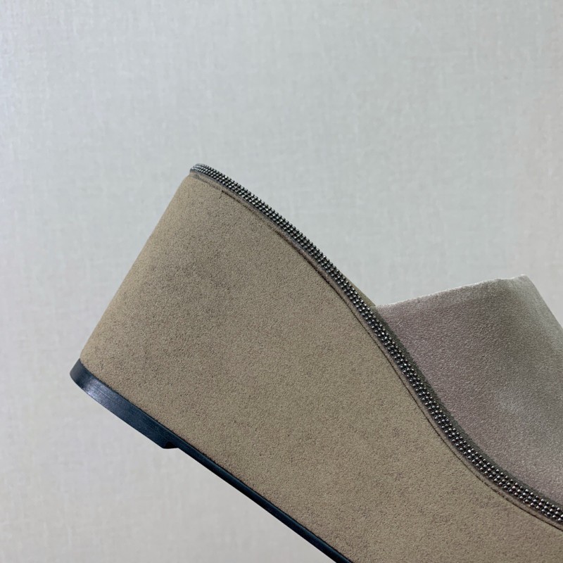 2025 Women BRUNELLO CUCINELLI Beige Suede Platform Slide Sandals Casual Handmade KFY00275 (F)