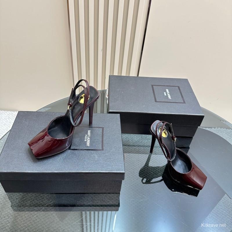 2025 Women Yves Saint Laurent Burgundy Patent Leather Slingback Heels