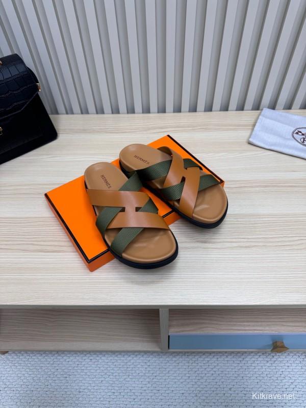 2025 Slippers Hermès Brown Green Leather Fabric Slippers