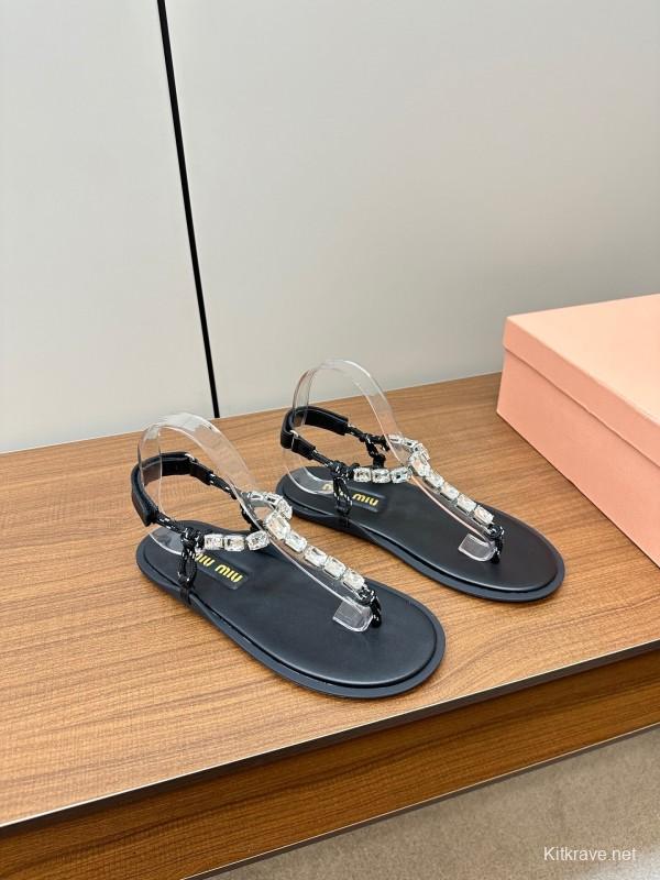 2025 Women Miu Miu Black Leather Rhinestone Sandals LY