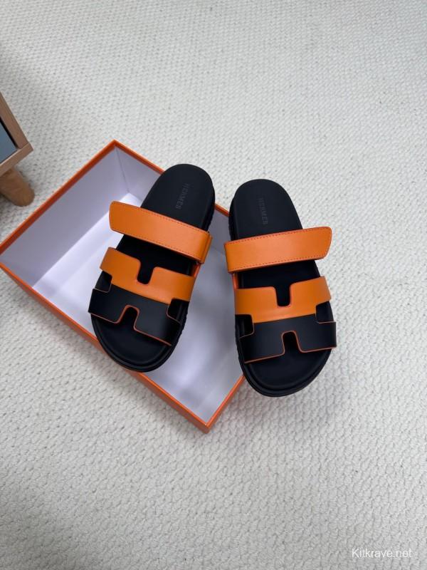 2025 Women Hermès Orange Black Leather Slippers