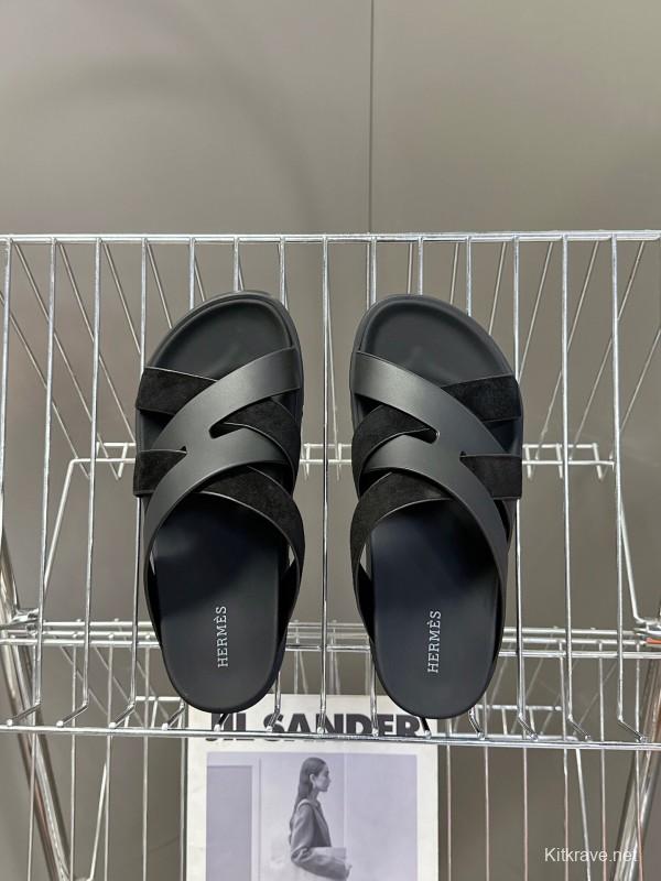 2025 Slippers Hermès Black Leather Slippers