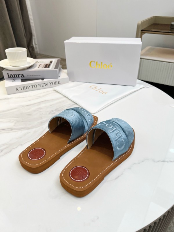 2025 Women Chloé Blue Denim Leather Slippers LY00200