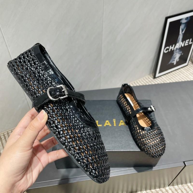 2025/Women Alaïa Black Woven Leather Mary Jane Flats LY00360(F)