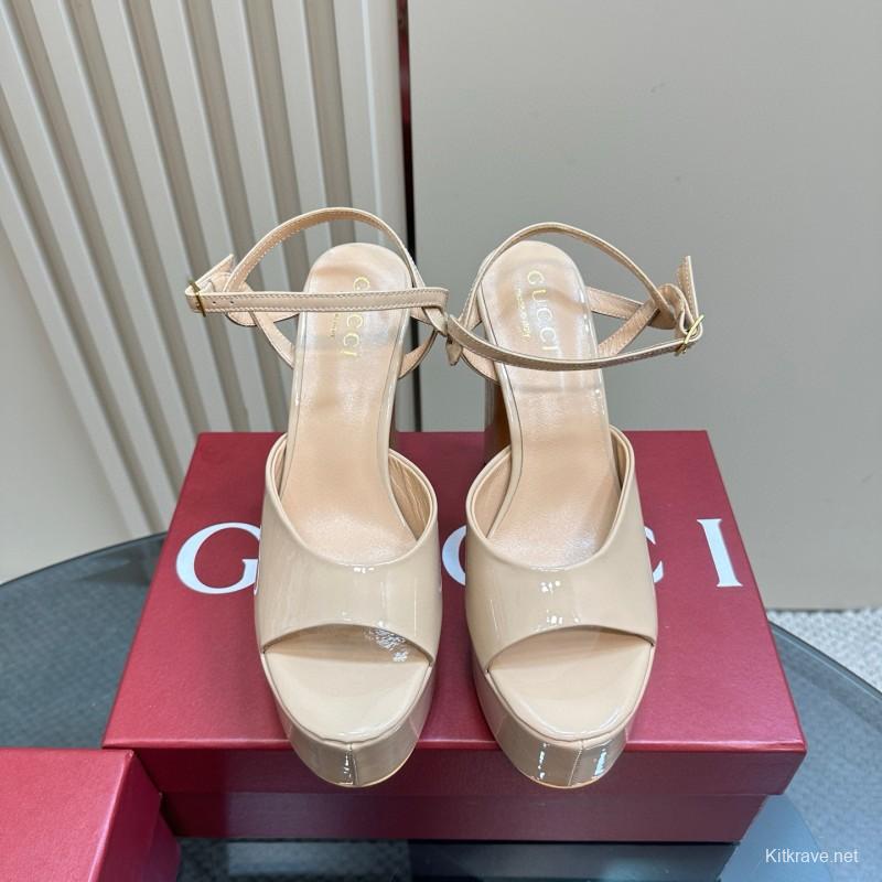 2025 Women Gucci Beige Patent Leather Platform Sandals MJ00340