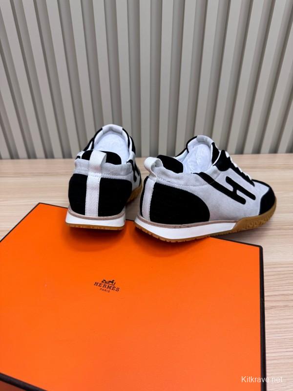 2025 Unisex Hermès Black White Suede Down Fabric Sneakers Top Version KFY00300
