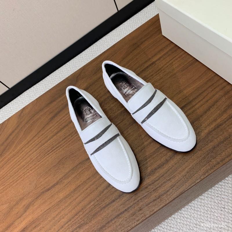 2025 Women Brunello Cucinelli White Suede Loafers Handcrafted Bead Chain Detail LY00360 (F)