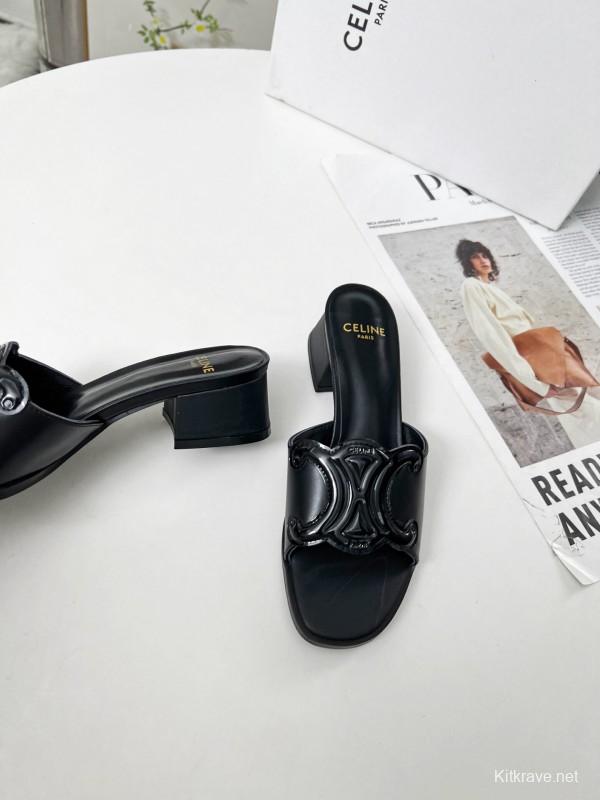 2025 Women Celine Black Leather Sandals
