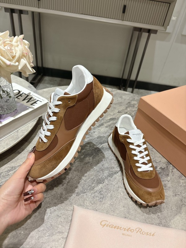 2025 Unisex Gianvito Rossi Brown White Leather Suede Mesh Sneakers KFY00340